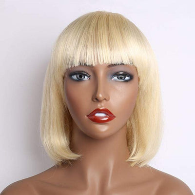 Short 613 Honey Blonde Bob Wig, Fringe European Straight Wig With Bangs