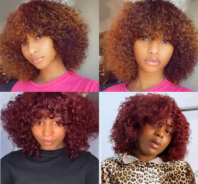 Fringe Deep Wave Human Hair Wigs With Bang, 200 Density 99J Brown Coloured Wigs, Short Curly Remy  Bob Wigs
