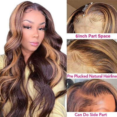 Body Wave Highlight Wig, Human Hair 13x4 Lace Front, Wig Brown Coloured Pre-Plucked Lace Wigs