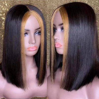 Short Bob Pre-Plucked Highlight Wig, Straight Human 13x1 T Part Transparent Lace Wig